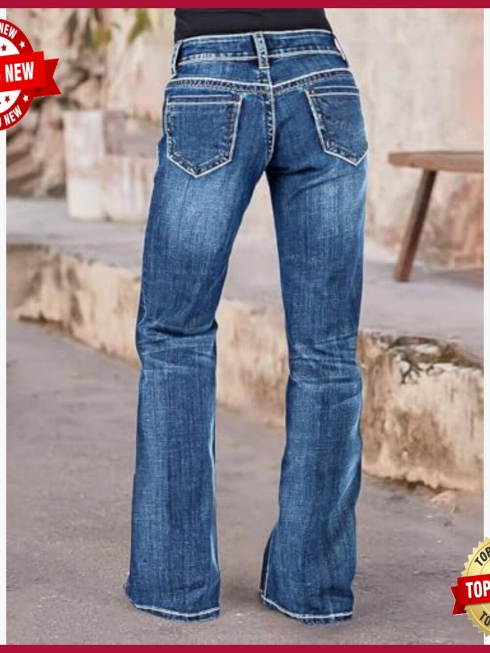 Mid Rise Bootcut Jeans Stretchy Denim Pants with Patch Pockets - Picture 3 of 7